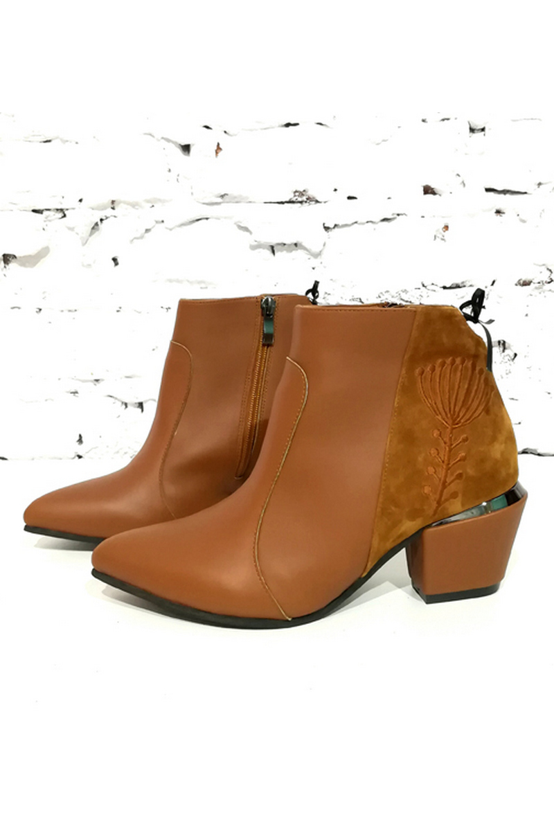 Buy Brown women's boots with ethno embroidery warmed, pointed toe heel